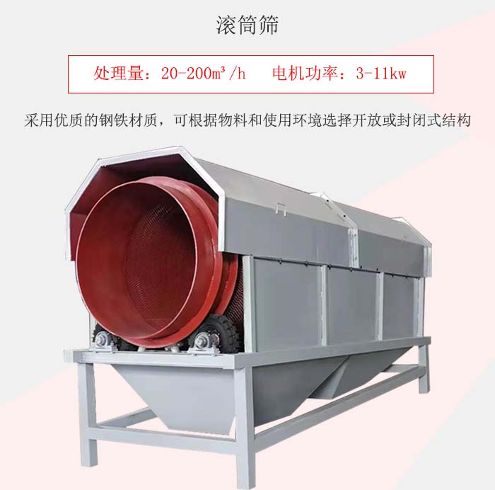 滾筒篩采用優(yōu)質(zhì)的鋼鐵材質(zhì)，可根據(jù)物料和使用環(huán)境選擇開放或封閉式結(jié)構(gòu)